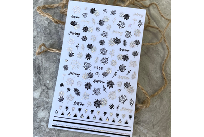 Наклейки для дизайна ногтей F 661, листья Black-Silver.