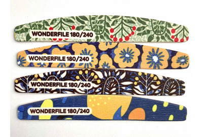 Пилка для нігтів Wonderfile півмісяць з принтом на дерев`янній основі, 180/240 грит