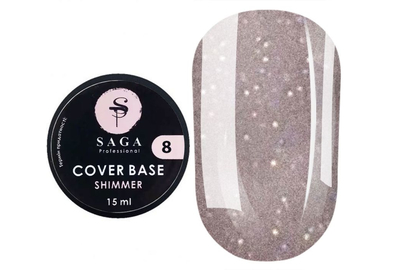 База для ногтей Saga Shimmer base №08, нюдово-серая с шиммером, 15 мл