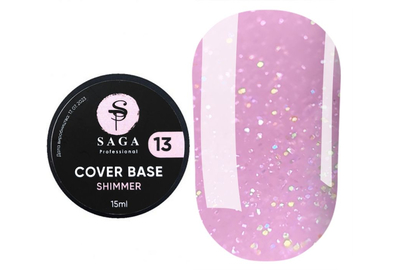 База для ногтей Saga Shimmer base №13, розовая с шиммером, 15 мл