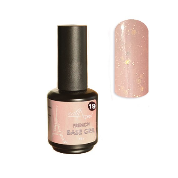 Камуфлирующая база NailApex Opal 19 розовая с разноцветными блестками, 15 мл