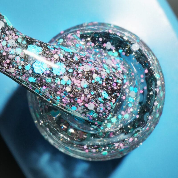 База кольорова DNKA Cover base №053 Glowing світловідбиваюча з блакитними крихтами, 12 мл, Колір: Блакитний, зображення 2