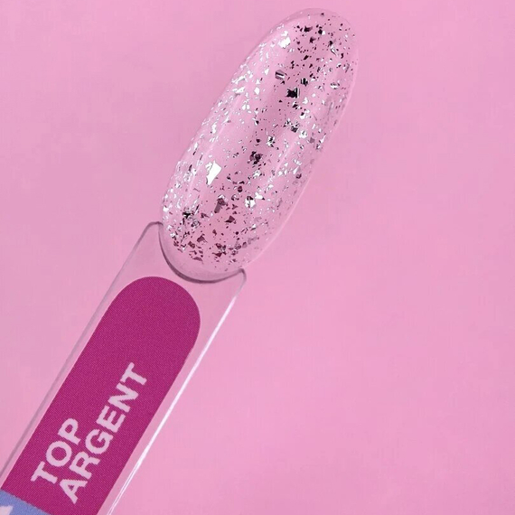 Топ для ногтей Luna Top Argent, прозрачный, с серебряной поталью, без липкого слоя, 13 мл, изображение 2