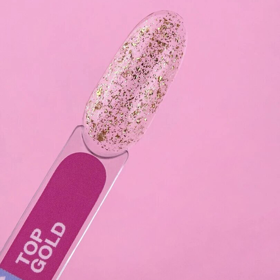Топ для ногтей Luna Top Gold, прозрачный, с золотой поталью, без липкого слоя, 13 мл., изображение 2
