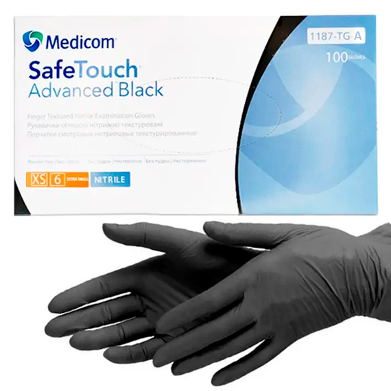 Рукавички чорні нітрилові Medicom SafeTouch Advanced XS, 100 шт