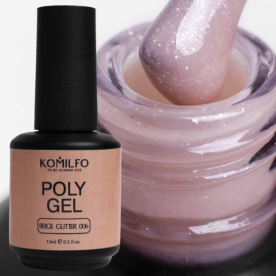 Акрил гель Komilfo PolyGel №06 Beige Glitter, бежевый с шиммером, 15 мл