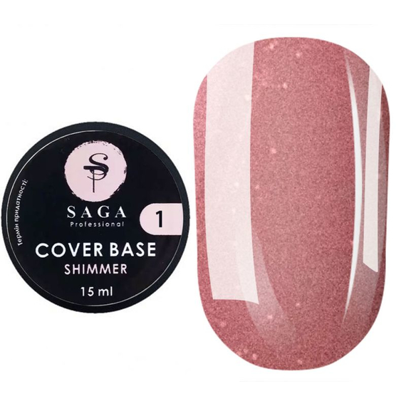 База для ногтей Saga Shimmer base №01, бежево-розовая с шиммером, 15 мл