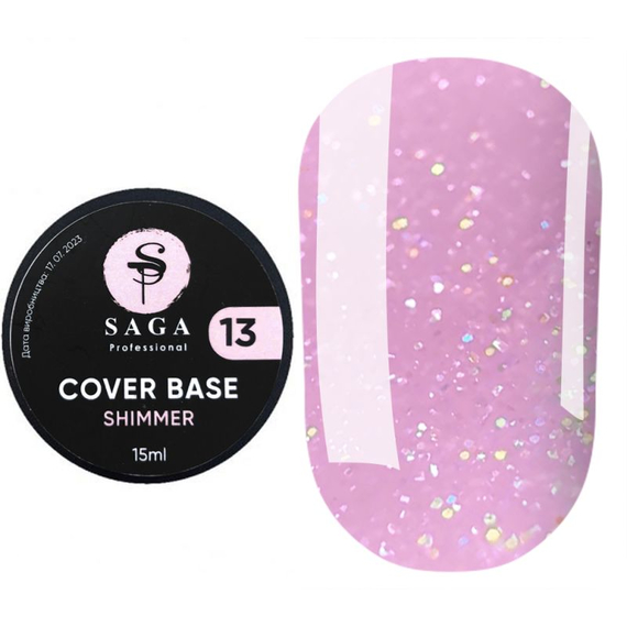 База для нігтів Saga Shimmer base №13, рожева з шиммером, 15 мл